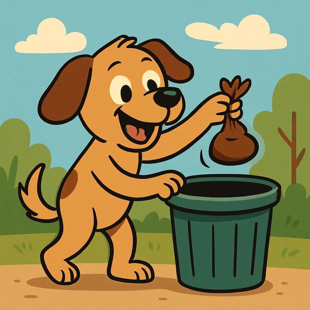 Cartoon dog throwing bag of animal waste in trash can