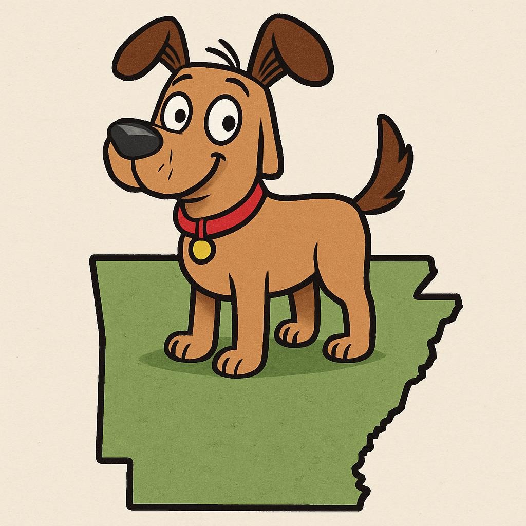 cartoon dog standing on the state of arkansas for pet waste removal services