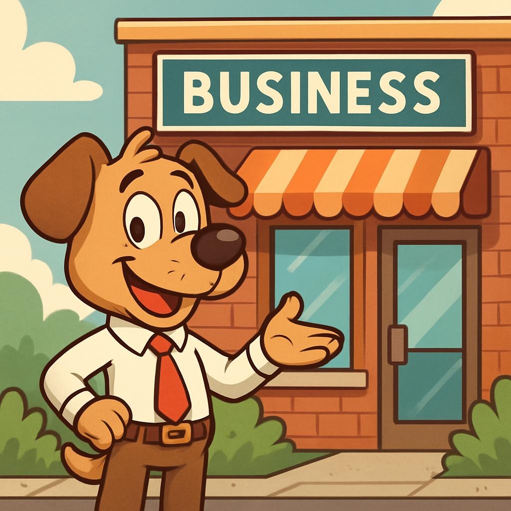 cartoon dog standing in front of a business that needs commercial pet waste removal services