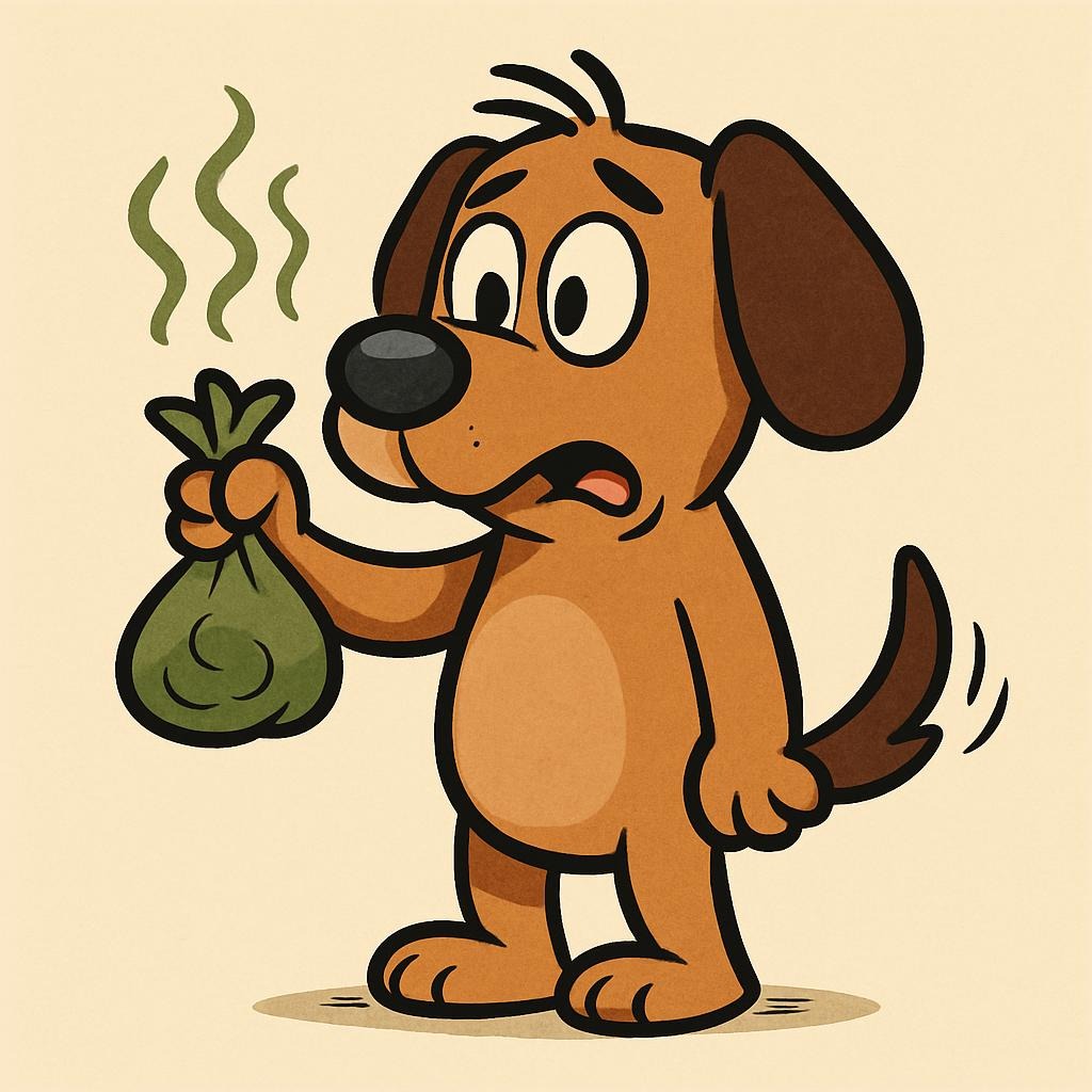 cartoon dog holding a bag of dog poop
